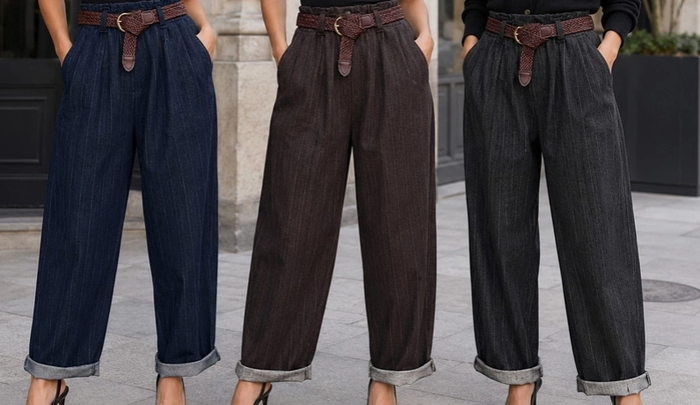 Belted Tweed Effect Trousers