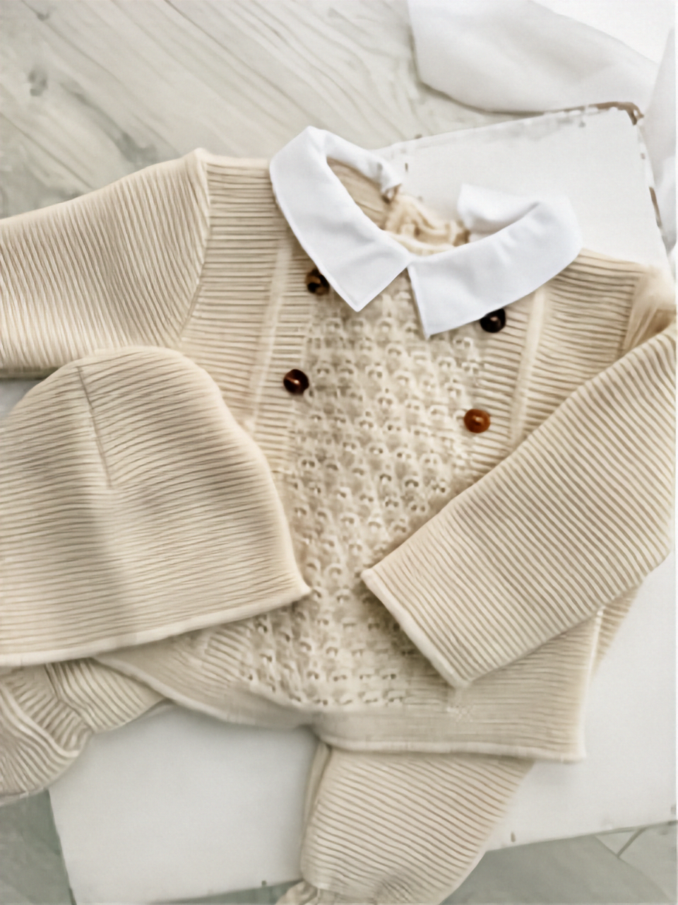 Beige 3 Piece Knit Outfit with Button Detail and Peter Pan Collar