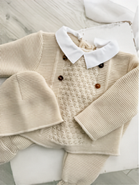 Beige 3 Piece Knit Outfit with Button Detail and Peter Pan Collar