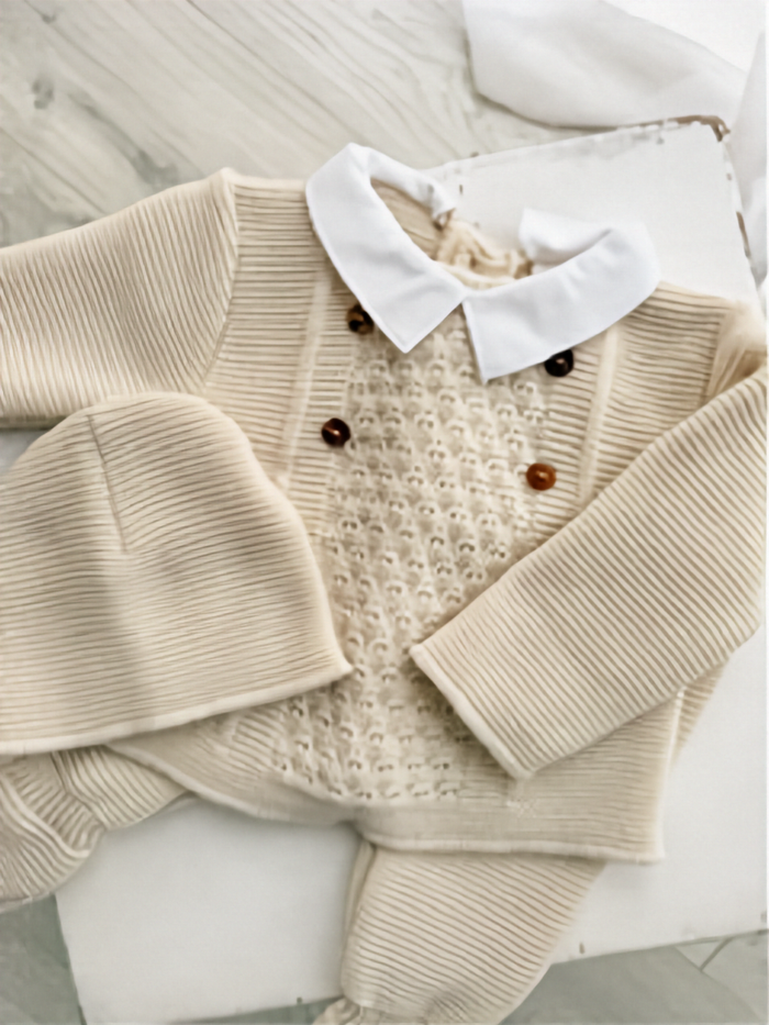 Beige 3 Piece Knit Outfit with Button Detail and Peter Pan Collar