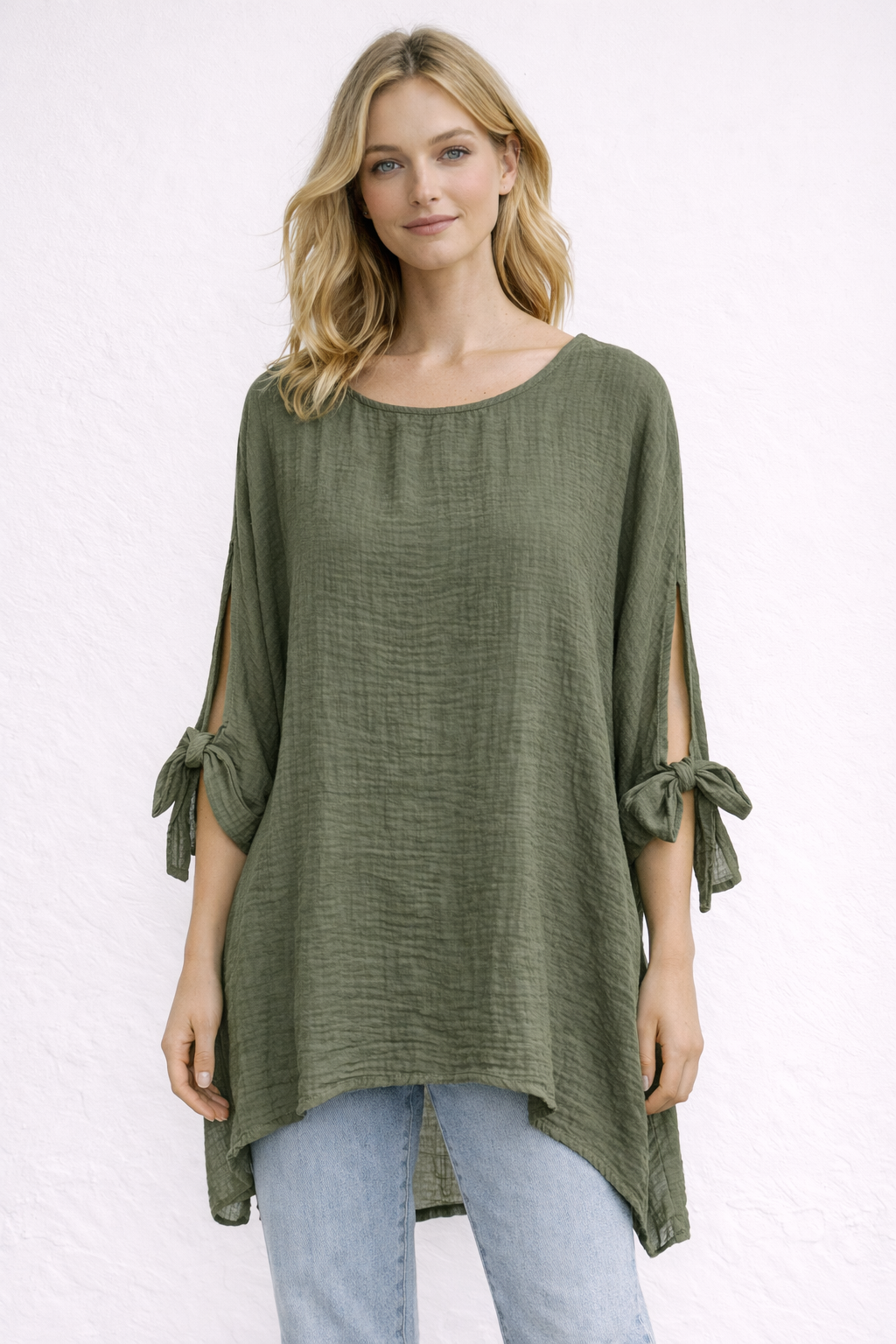 Waffle Texture Loose Fit Top with Bow Sleeve Detail
