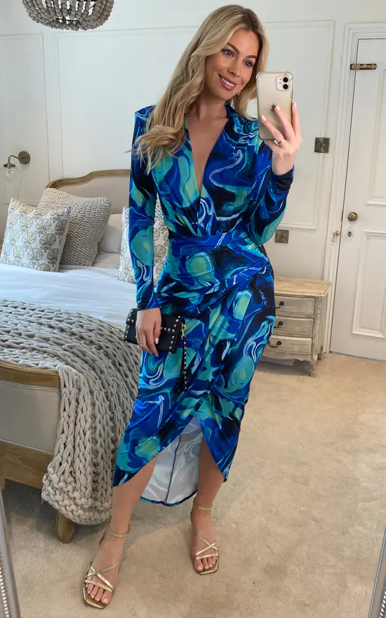 Plunge Neck Faux Wrap Midi Dress in Blue Abstract