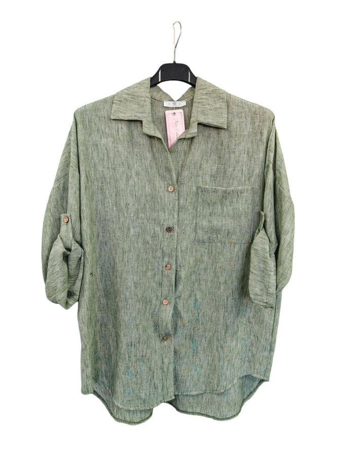 Italian One Size Full Button Linen Shirt Blouse with Pocket
