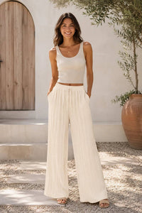 Italian Womens Pleated Wide Leg Linen Blend Trousers