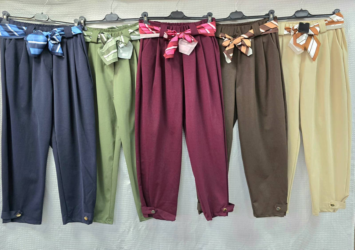 Gold Button Carrot Cotton Belt Trousers