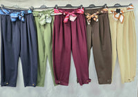 Gold Button Carrot Cotton Belt Trousers