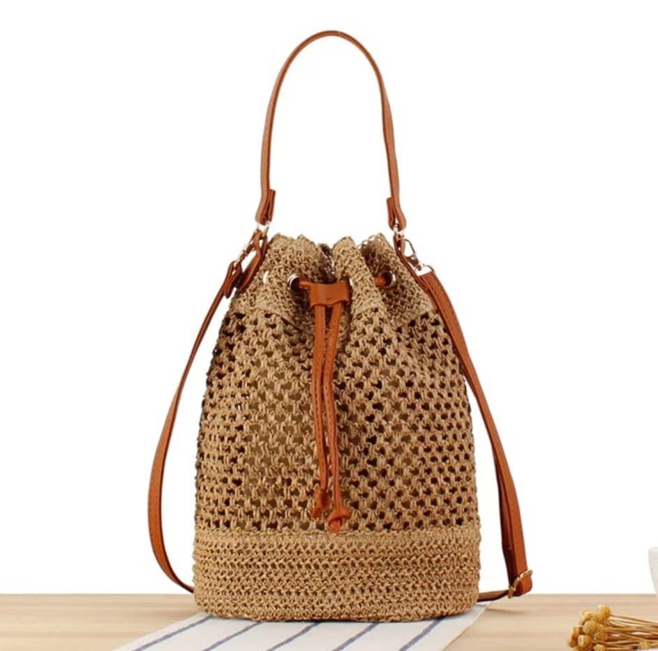 Medium Size Draw String Two-toned Paper Straw Bucket Bag