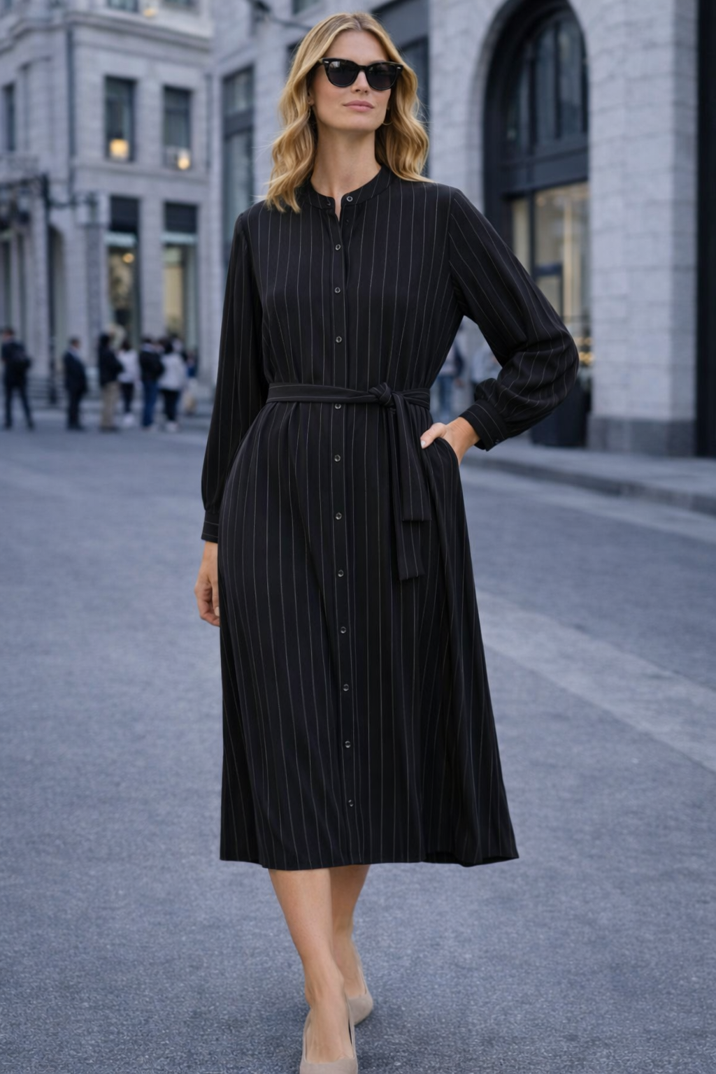 Striped Shirt Dress with Waist Tie