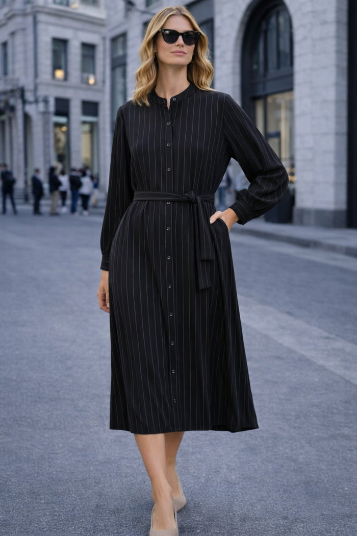Striped Shirt Dress with Waist Tie