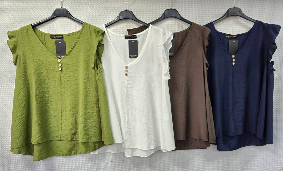 KM V Neck Button Frill Sleeve Top