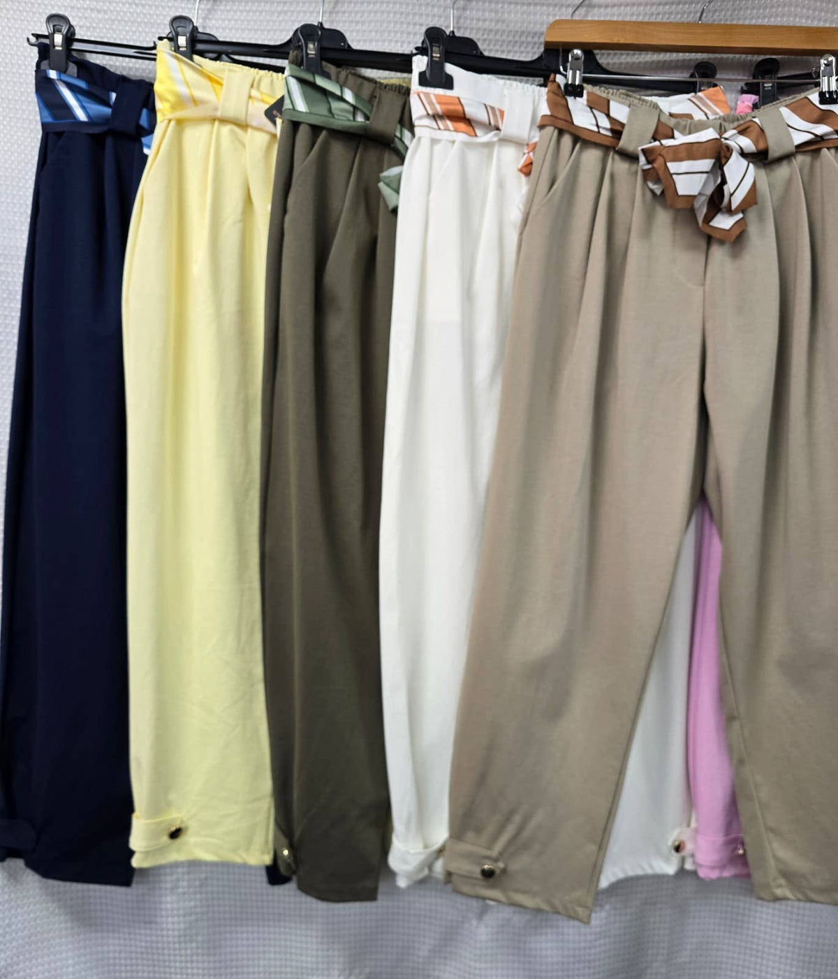Gold Button Carrot Cotton Belt Trousers