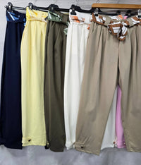 Gold Button Carrot Cotton Belt Trousers