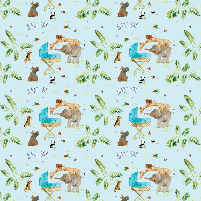 New Baby Blue Gift Wrap - Jungle Animals - 25 flat sheets