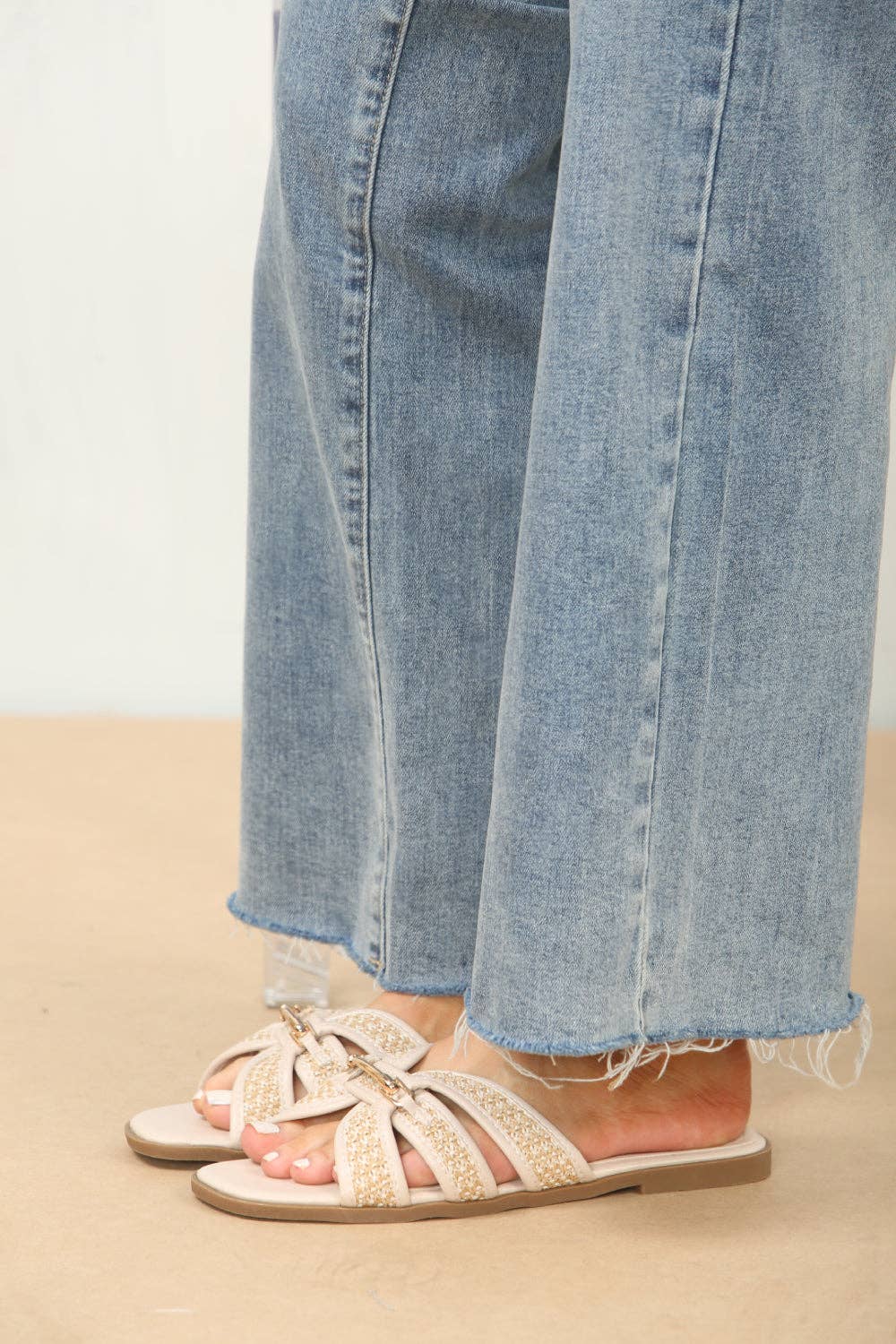 Cream Gold Trim Detail Raffia Cross-Strap Flat Sandals