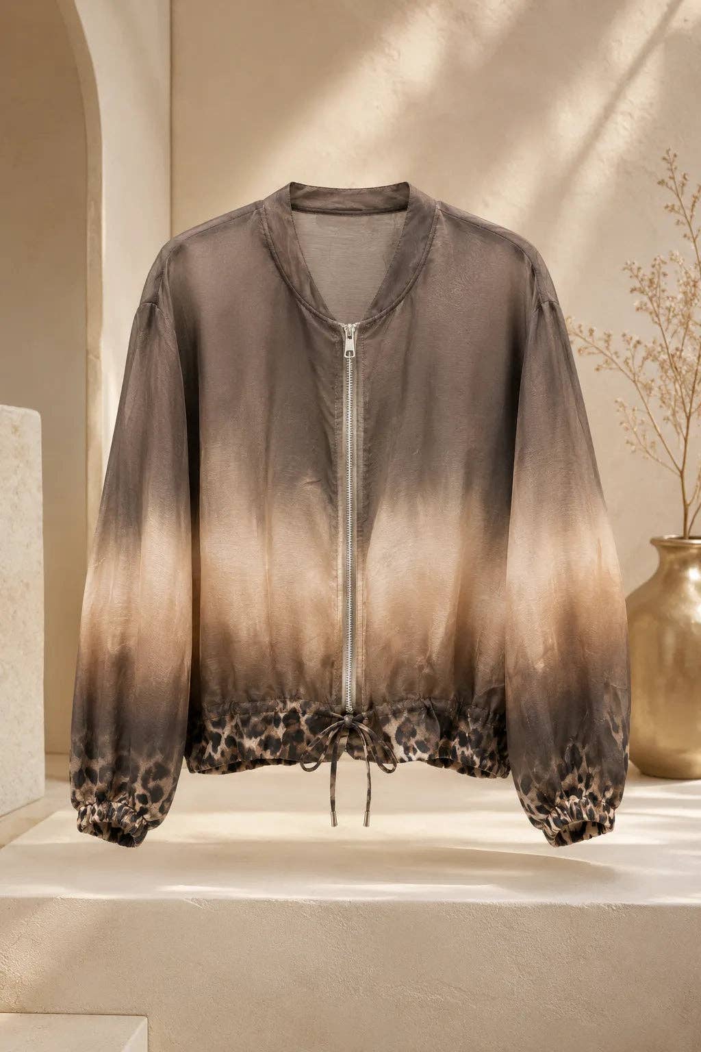 Italian Women’s Ombre Leopard Trim Zip Jacket