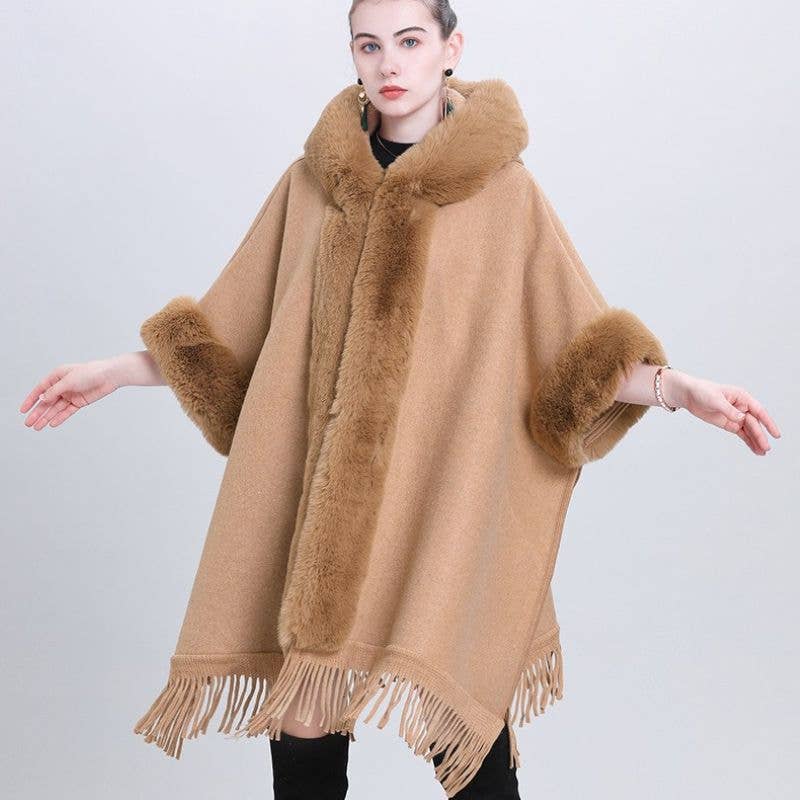 Hooded Poncho Cape with Faux Fur Trim & Fringe