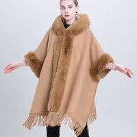 Hooded Poncho Cape with Faux Fur Trim & Fringe