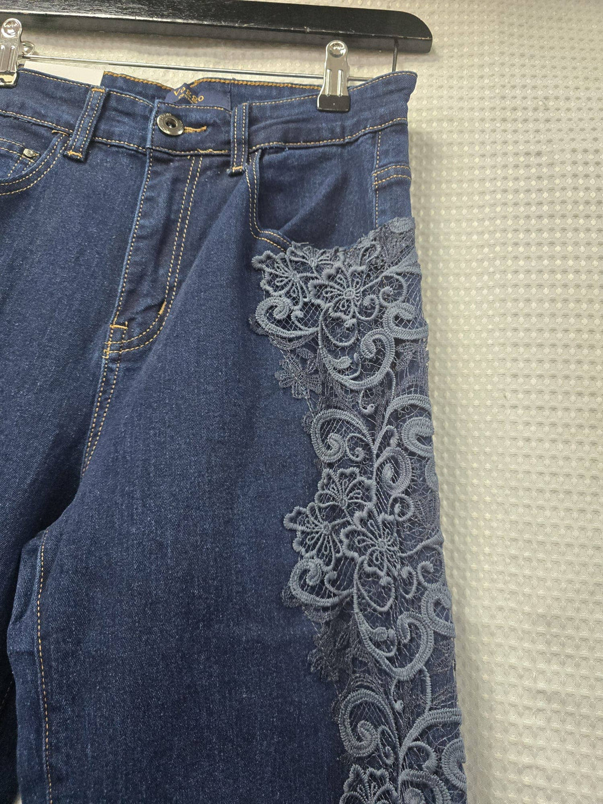 Indigo Side Lace Crochet Wide Leg Stretch Jeans