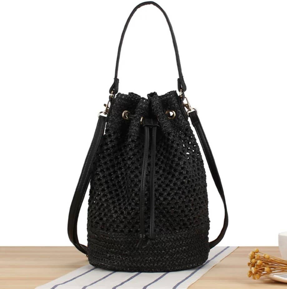 Medium Size Draw String Two-toned Paper Straw Bucket Bag