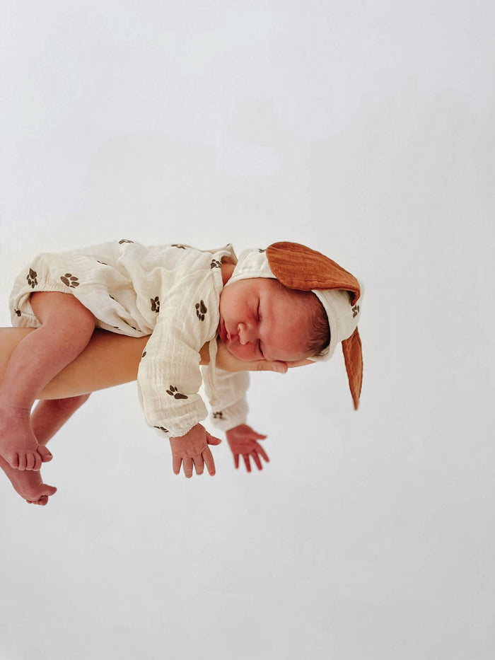 Cream Puppy Organic Muslin Body and Bonnet Set for Newborn Baby