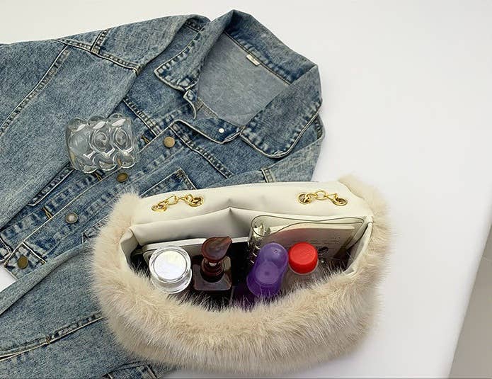 Faux Fur Flap Over Chain Strap Shoulder Bag