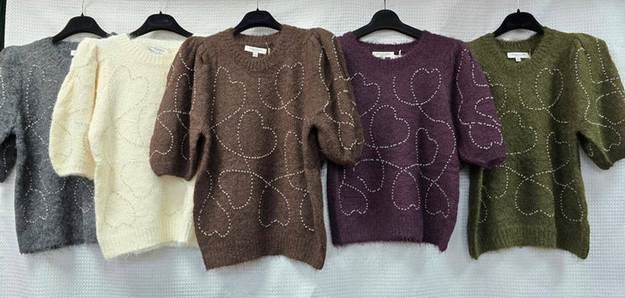 Sequin Heart Soft Touch Short Sleeve Knit Jumper