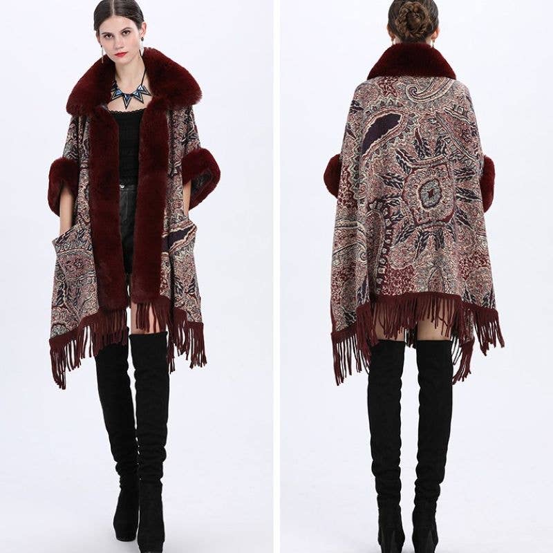 Luxurious Paisley Cape with Faux Fur Collar and Cuffs