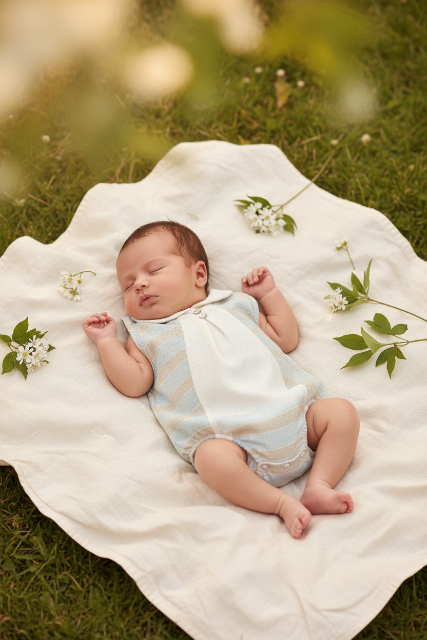 Stylish Pale Blue and Beige Summer Romper with Cream Collar and Buttons