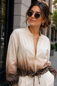 Italian Women’s Ombre Leopard Trim Zip Jacket