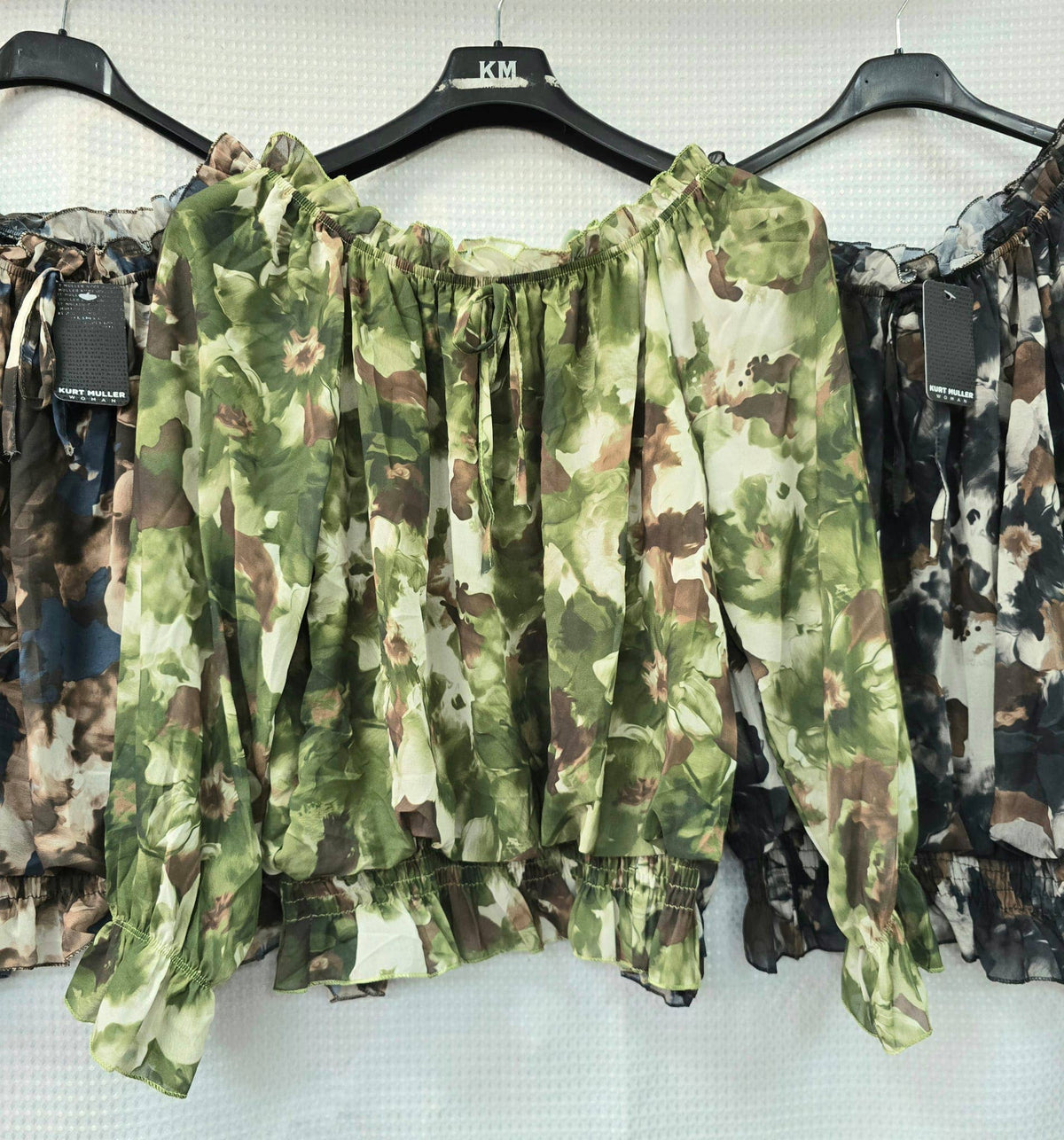 Abstract Floral Ruffle Bardot Blouse
