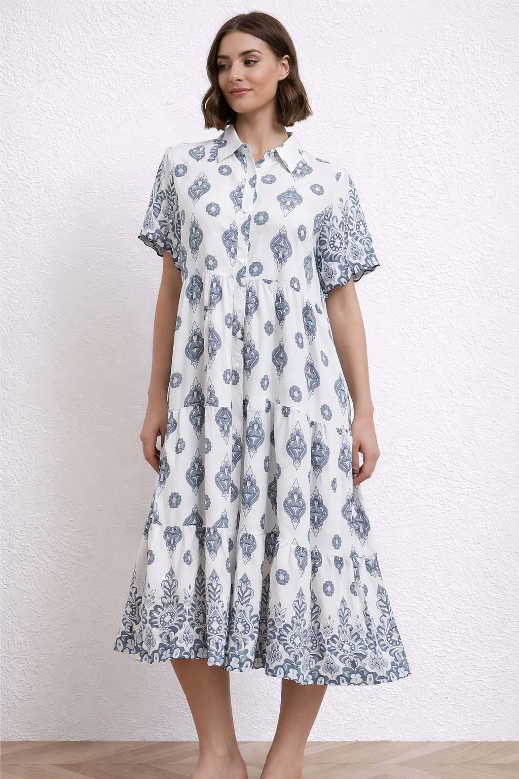 Elegant Paisley Print Collared Tiered Midi Dress