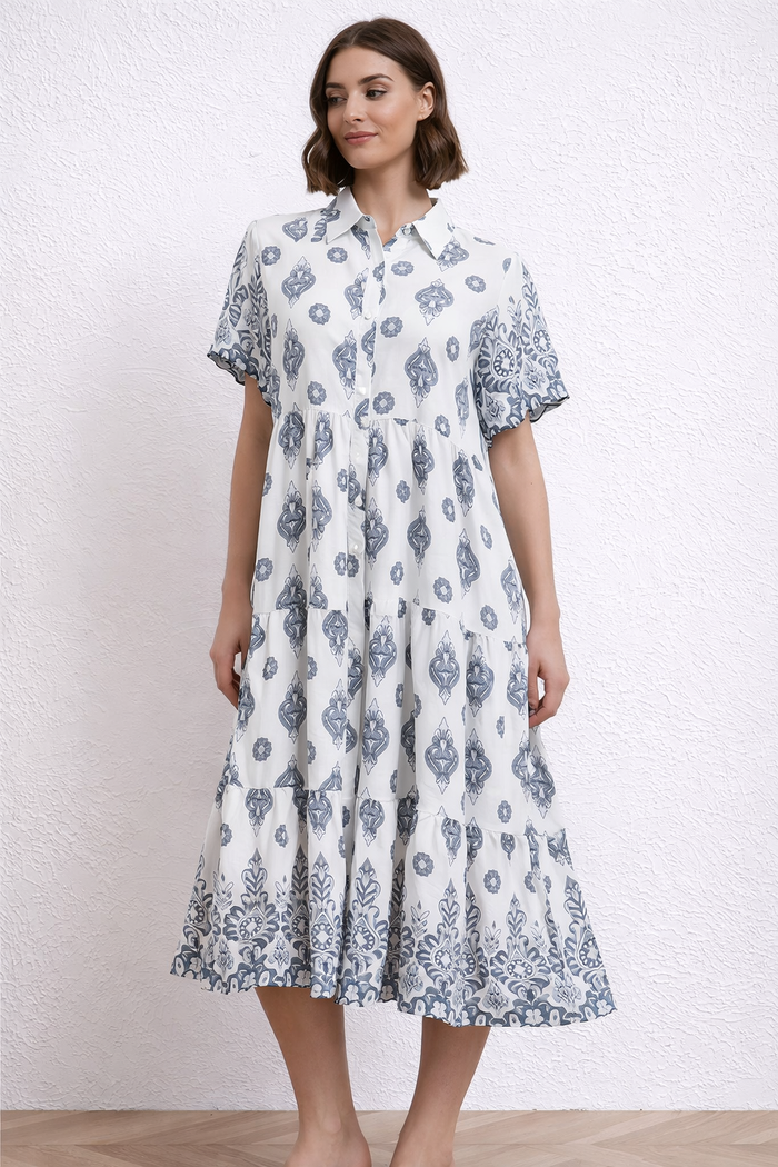 Elegant Paisley Print Collared Tiered Midi Dress