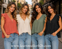KM V Neck Button Frill Sleeve Top