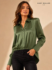 Sateen V Collar High Low Padded Shoulder Blouse