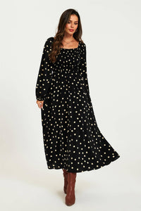 Polka Dot Square Neck Maxi Dress In Black