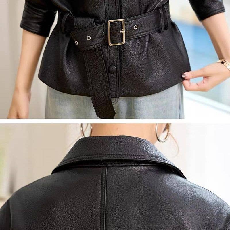 Edgy Faux Leather Belted Jacket in Black