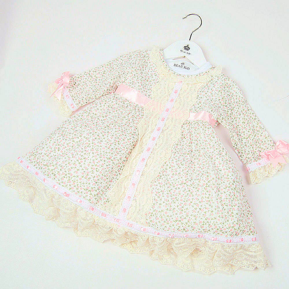 Girls pastel floral dress with decorative central lace panel - 1926 Dress