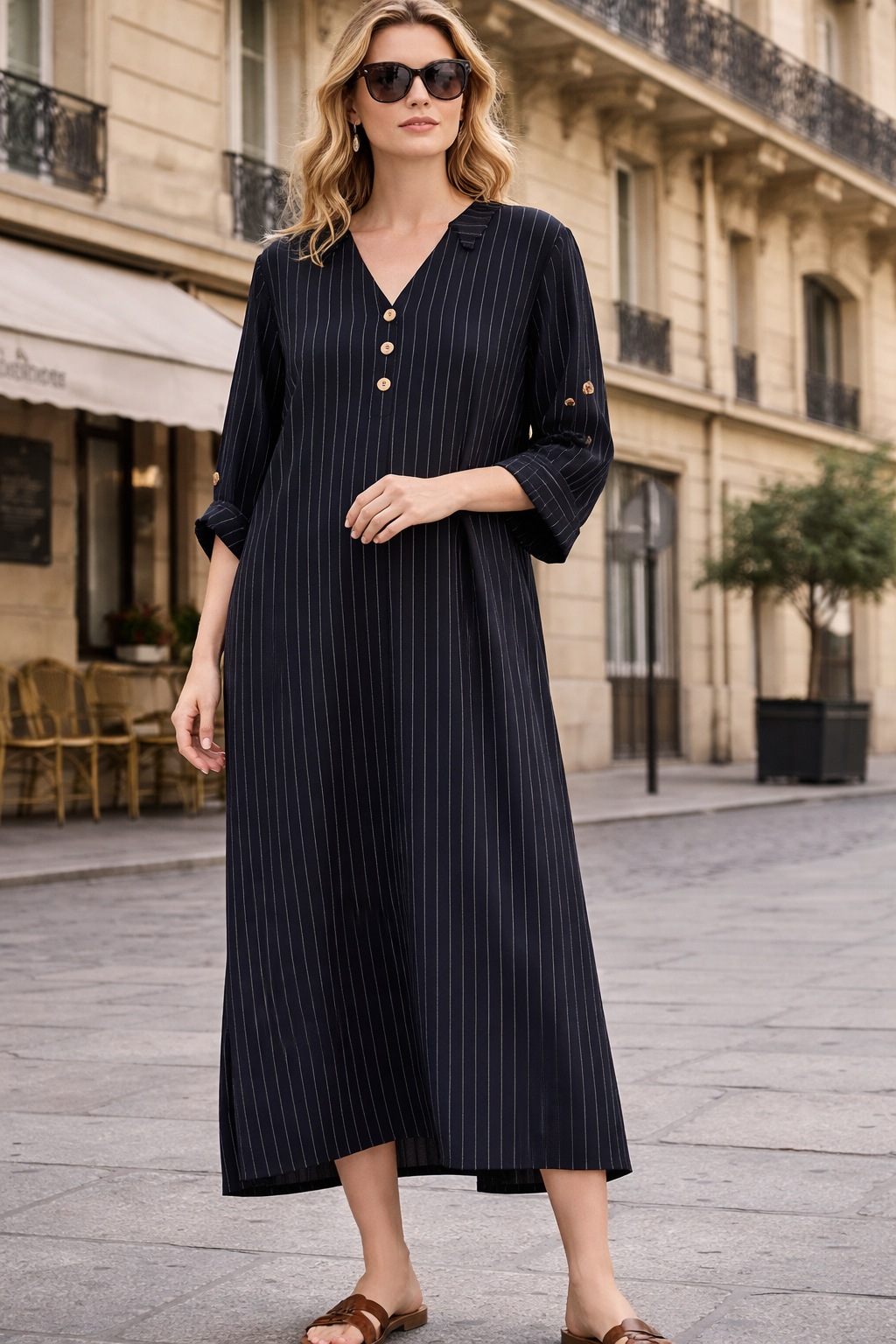 Striped Midi Dress with Decorative Buttons