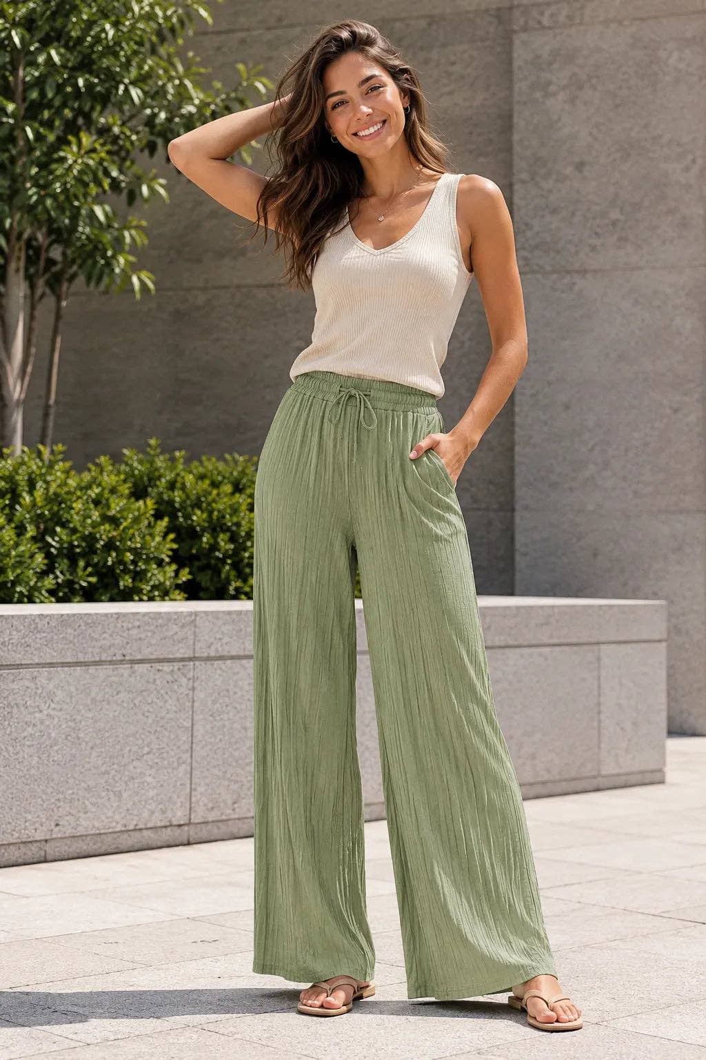 Italian Womens Pleated Wide Leg Linen Blend Trousers