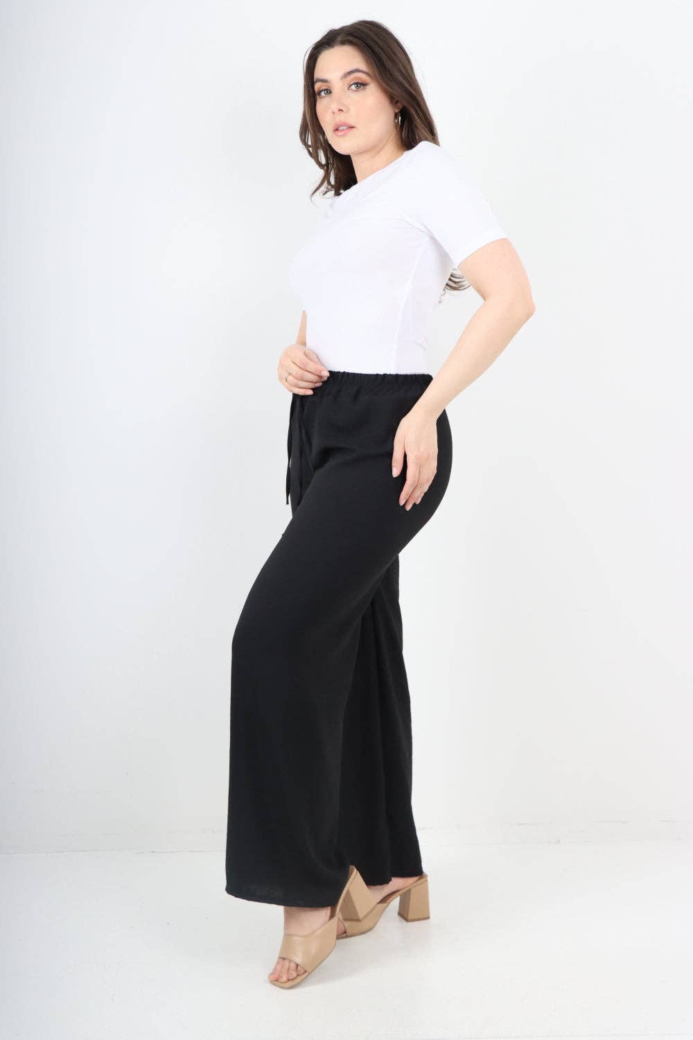 Italian Elastic Waistband Drawstring Wide Leg Trousers