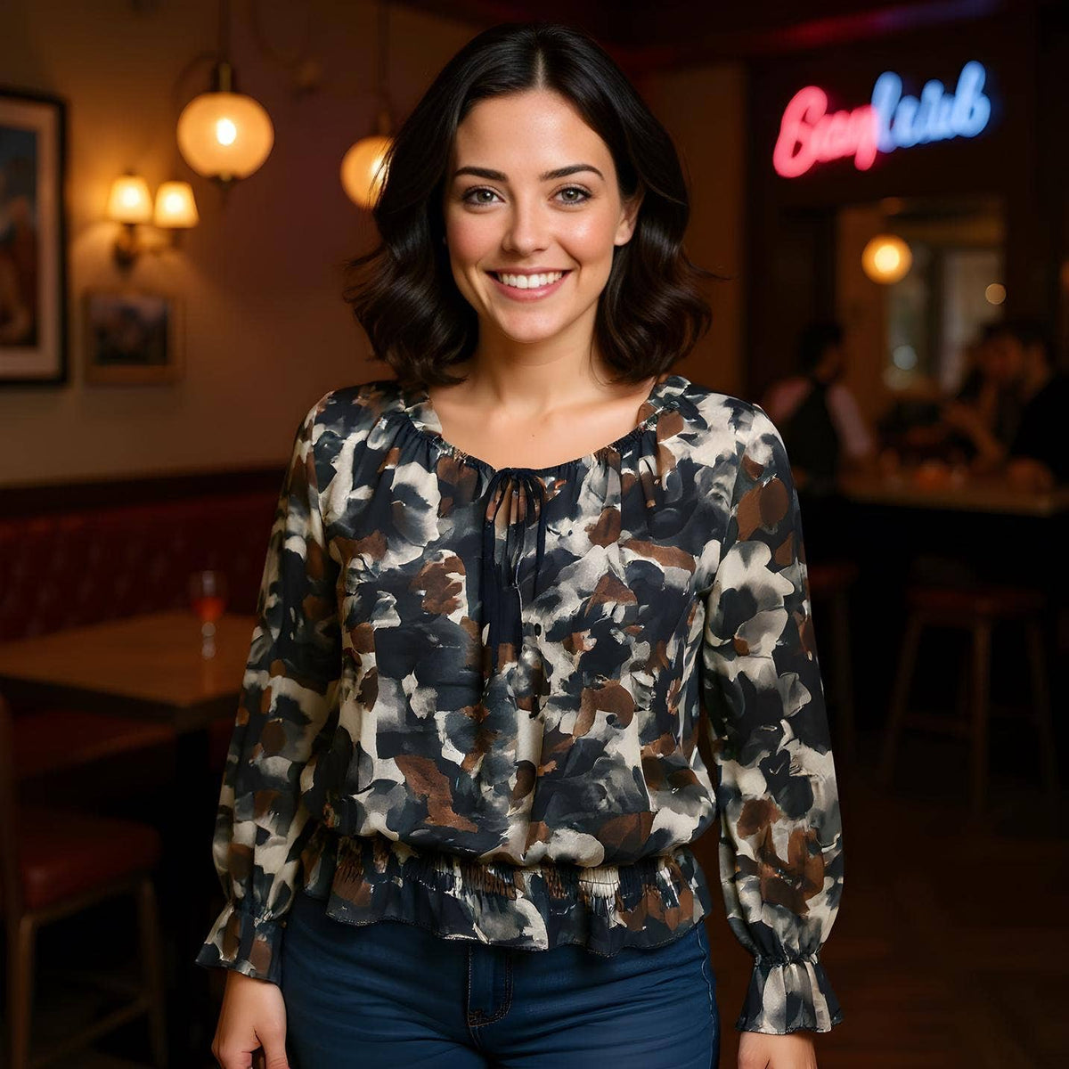 Abstract Floral Ruffle Bardot Blouse
