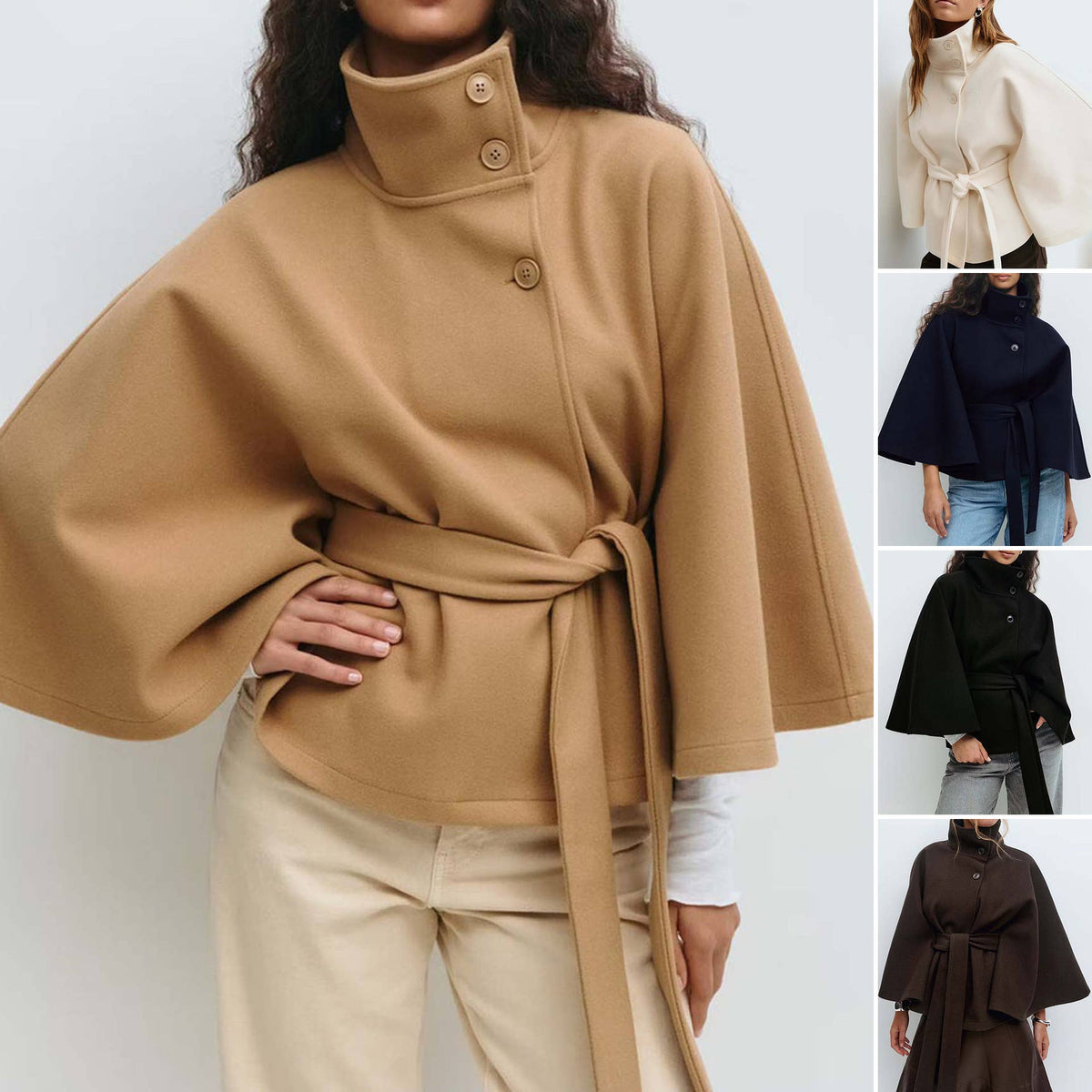 Structured Funnel Neck Belted Cape Jacket