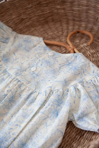 Blue/Toile Floral Short Puff Sleeve Romper