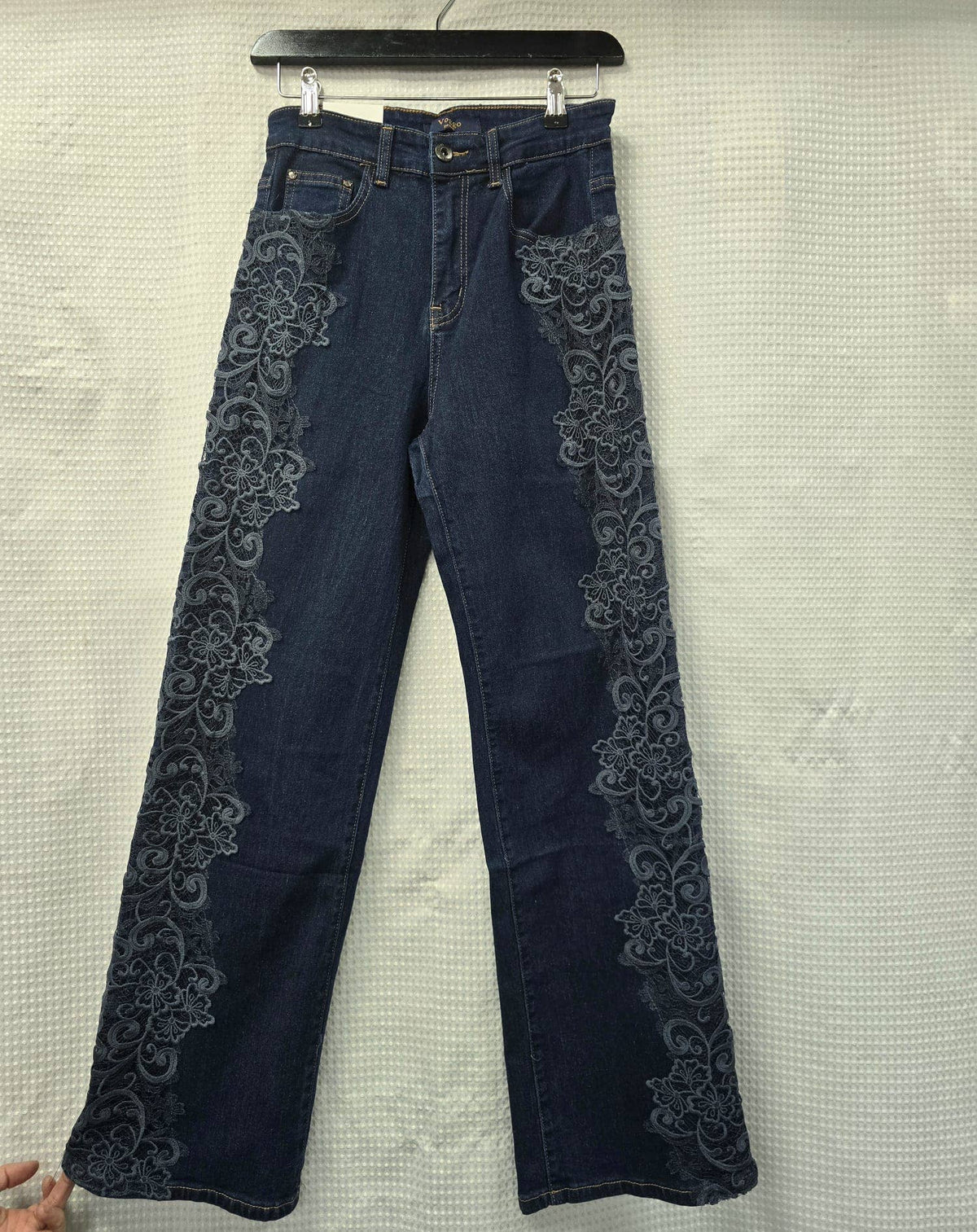 Indigo Side Lace Crochet Wide Leg Stretch Jeans