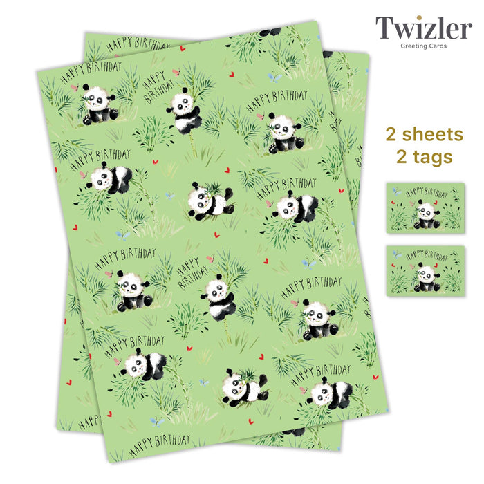 Panda - Children's Gift Wrap - Packed 2 Sheets 2 Tags