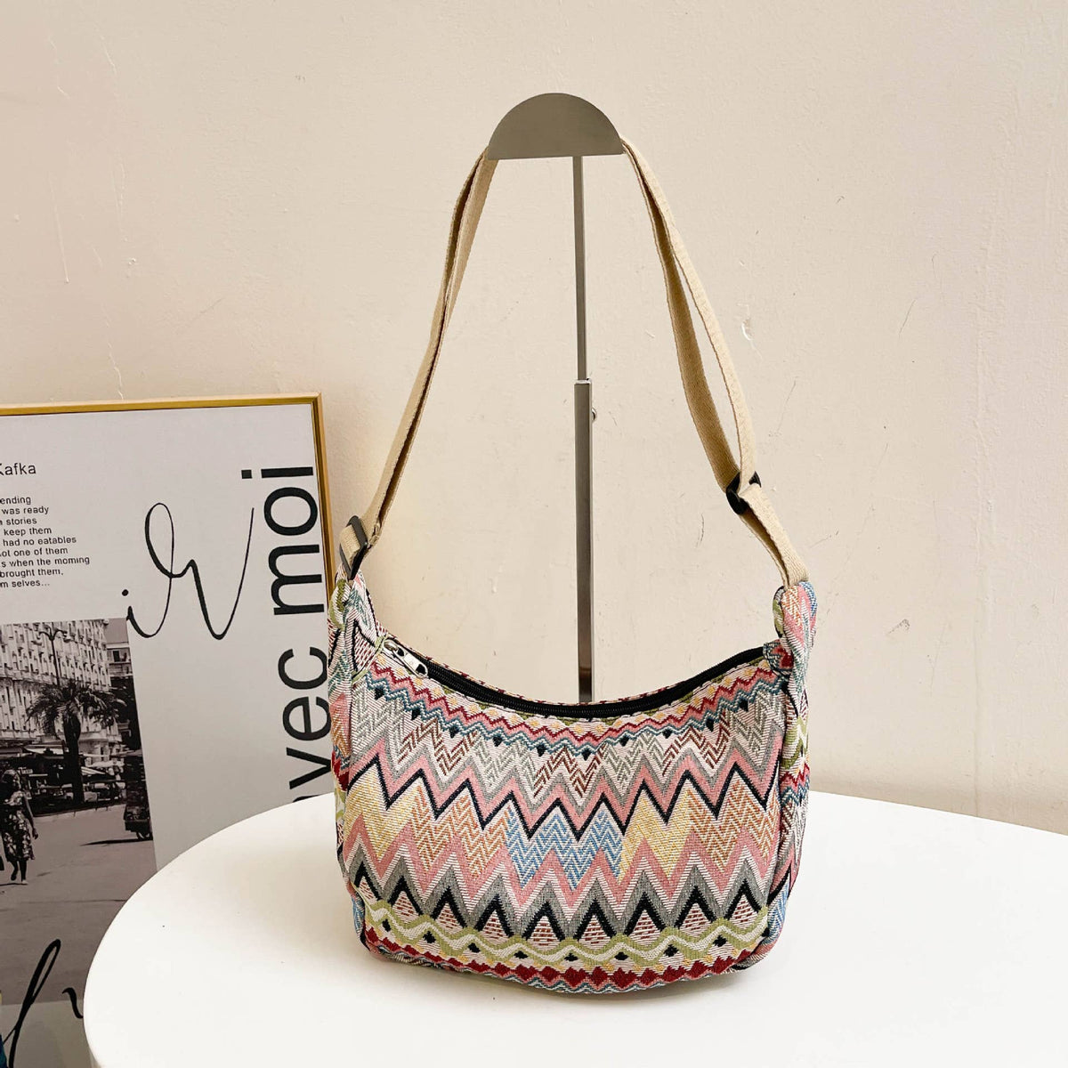 Medium Size Multicolour Zigzac Print Canvas Shoulder Bag