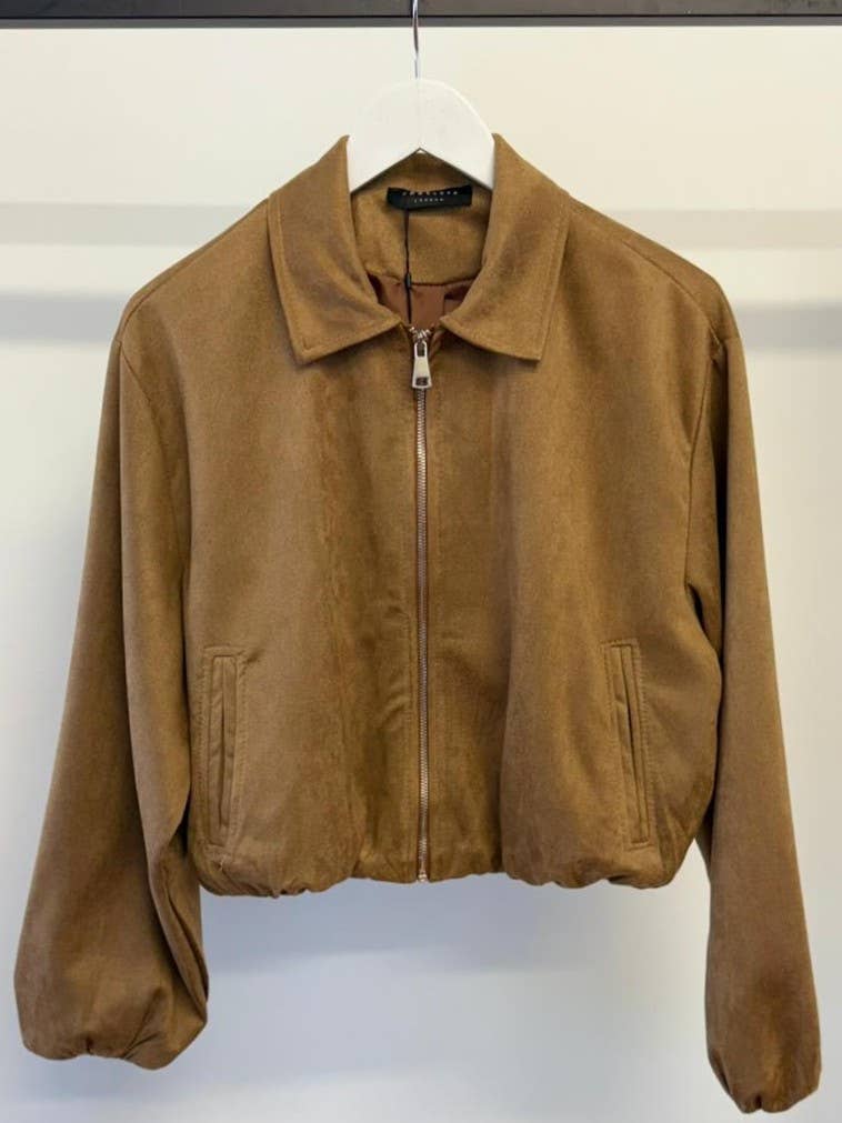 Suede Puffed Bomber in Dark Khaki