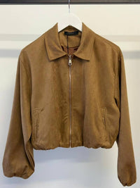 Suede Puffed Bomber in Dark Khaki
