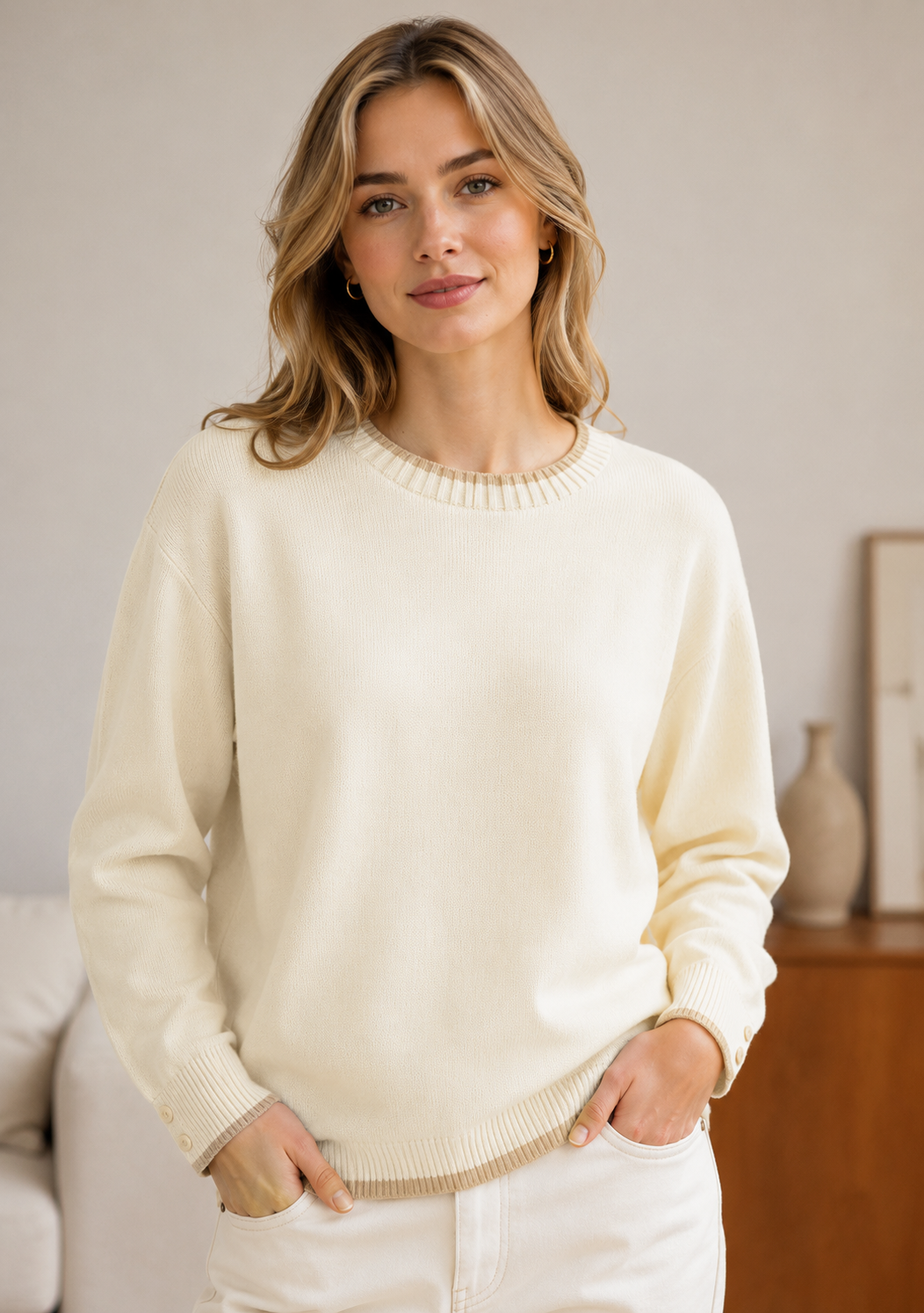 Contrast Trim Button Cuff Knit Jumper