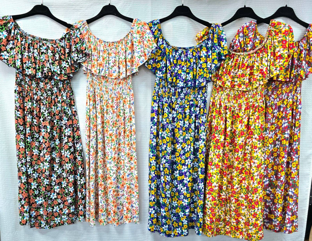 Vibrant Floral Bardot Cotton Midi dress